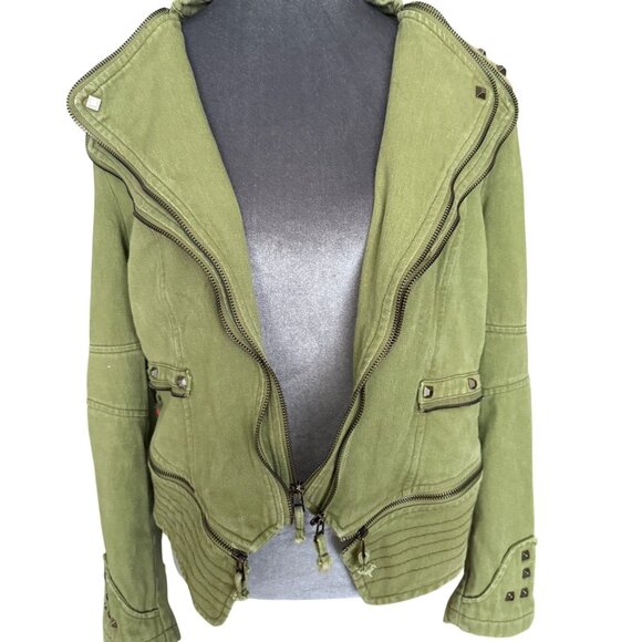 Green Studded Moto Jacket With Asymmetrical Zipper Womens M Cotton Blend Edgy De - Picture 4 of 9